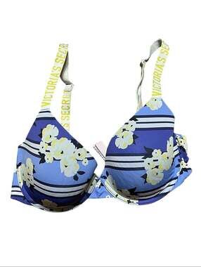 Victoria's Secret Logo Strap T-Shirt Bra Blue Floral Striped Size 32D